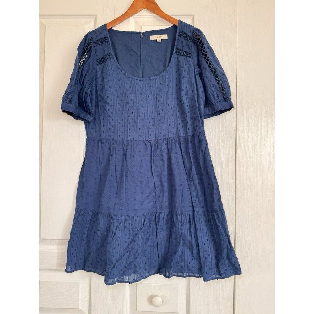LOFT Blue Swiss Dot Cotton Dress Size 8 Eyelet Sleeve Tiered Mini Cottagecore